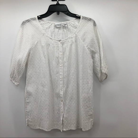 Chico's Tops - Chico’s Sheer Blouse White w/ Silver Metallic M/8
